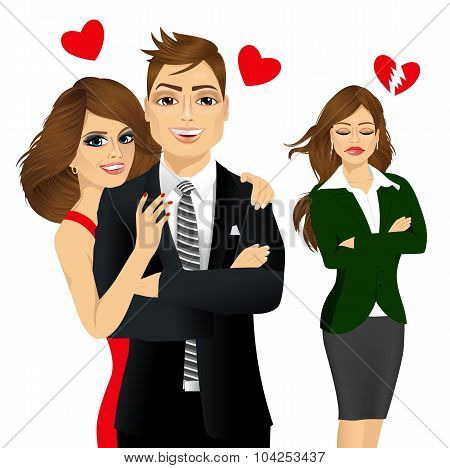 handsome man and beautiful brunette laughing happy
