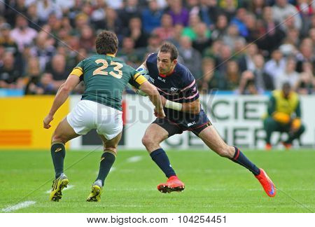 LONDON, ENGLAND - OCTOBER 07 2015: The 2015 Rugby World Cup Pool B match between South Africa and USA at The Olympic Stadium on October 7, 2015 in London, United Kingdom 
