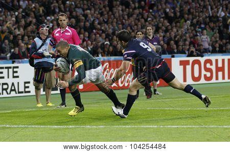 LONDON, ENGLAND - OCTOBER 07 2015: The 2015 Rugby World Cup Pool B match between South Africa and USA at The Olympic Stadium on October 7, 2015 in London, United Kingdom 