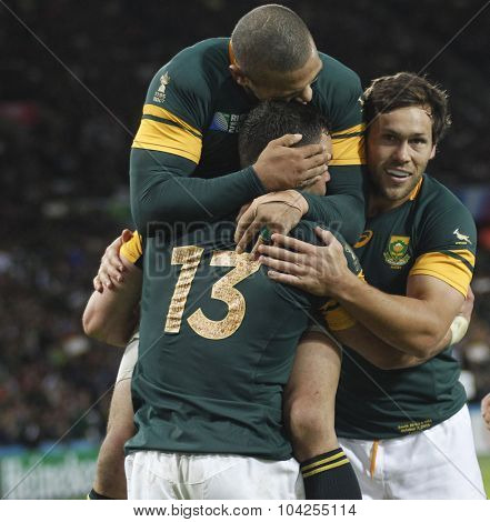LONDON, ENGLAND - OCTOBER 07 2015: The 2015 Rugby World Cup Pool B match between South Africa and USA at The Olympic Stadium on October 7, 2015 in London, United Kingdom 