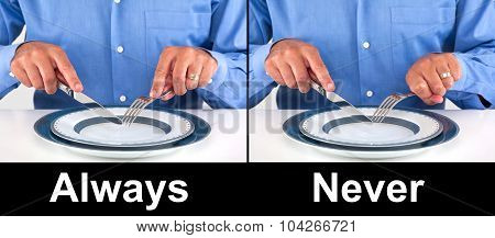 Proper way to hold a fork and knife concept