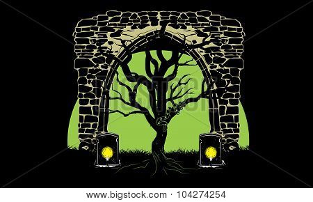 The Dark Tree Design Is Perfect For Halloween. A Dark Scene With A Stone Structure Behind Two Grave 