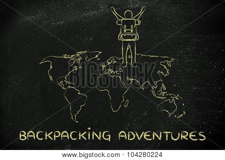 Backpacker Over World Map, Showing Excitment About His Adventures