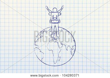 Backpacker Rejoicing On Top Of A Globe
