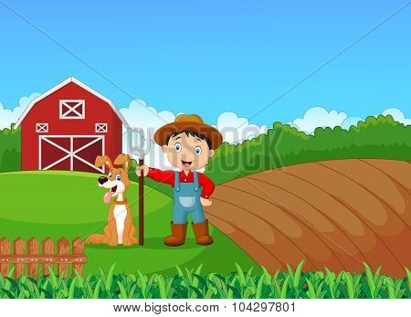 Cartoon little farmer and his dog with farm background