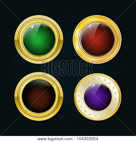 Glossy And Gold Labels . Colored Stones Set In Gold. Green Red A