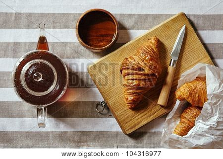 French Breakfast With Tea Croissant And Honey Top View