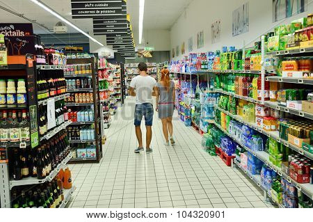 BORDEAUX, FRANCE - AUGUST 13, 2015: Simply Market interior. Simply Market is a brand of French supermarkets formed in 2005. This brand is a new concept to eventually replace Atac supermarkets