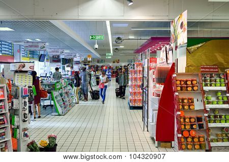 BORDEAUX, FRANCE - AUGUST 13, 2015: Simply Market interior. Simply Market is a brand of French supermarkets formed in 2005. This brand is a new concept to eventually replace Atac supermarkets