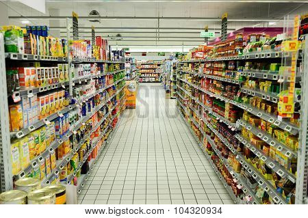 BORDEAUX, FRANCE - AUGUST 13, 2015: Simply Market interior. Simply Market is a brand of French supermarkets formed in 2005. This brand is a new concept to eventually replace Atac supermarkets
