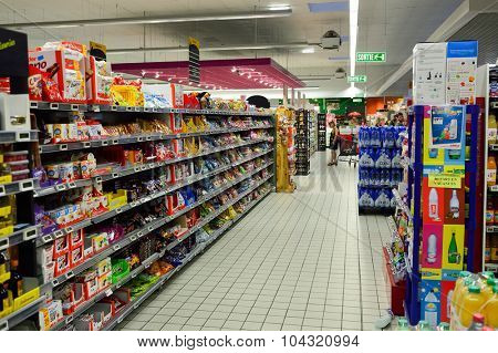 BORDEAUX, FRANCE - AUGUST 13, 2015: Simply Market interior. Simply Market is a brand of French supermarkets formed in 2005. This brand is a new concept to eventually replace Atac supermarkets