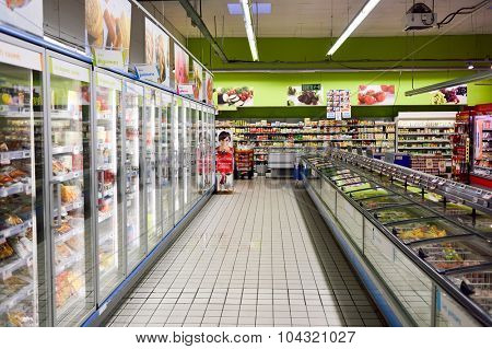BORDEAUX, FRANCE - AUGUST 13, 2015: Simply Market interior. Simply Market is a brand of French supermarkets formed in 2005. This brand is a new concept to eventually replace Atac supermarkets