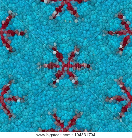 Fractal Abstract Seamless Blue Background With Red Snowflakes Made Of Bubbles Or Balls