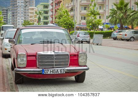 Old Mercedes on the street of the village of Kemer in Turkey in may