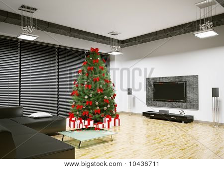 Olohuone sisustus 3D Render joulukuusi