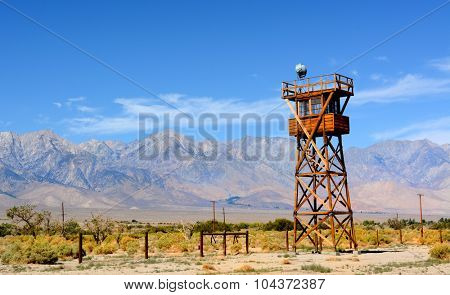 One of the guard towers at the Manzanar Detention Center in California where tens of thousands of people with Japanese ancestry were held during World War II