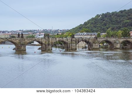 View to the Charles Bridge, Vltava river, Prague