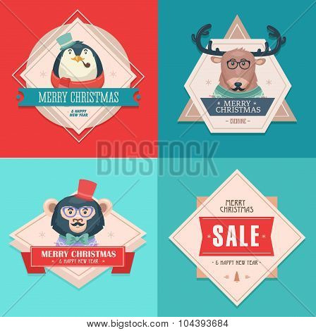Christmas hipster animals. Sale card.