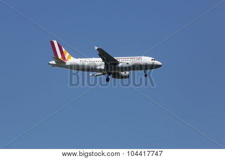 ZAGREB, CROATIA - JUNE 10: Airbus A319, registration D-AGWF of Germanwings landing on Zagreb Airport Pleso on June 10, 2015.
