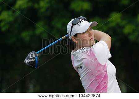 KUALA LUMPUR, MALAYSIA - OCTOBER 10, 2015: Germany's Caroline Masson tees off at the sixth hole of the KL Golf & Country Club on Round 3 day at the 2015 Sime Darby LPGA Malaysia golf tournament.