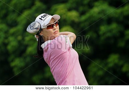 KUALA LUMPUR, MALAYSIA - OCTOBER 10, 2015: South Korea's So Yeon Ryu tees off at the sixth hole of the KL Golf & Country Club on Round 3 day at the 2015 Sime Darby LPGA Malaysia golf tournament.