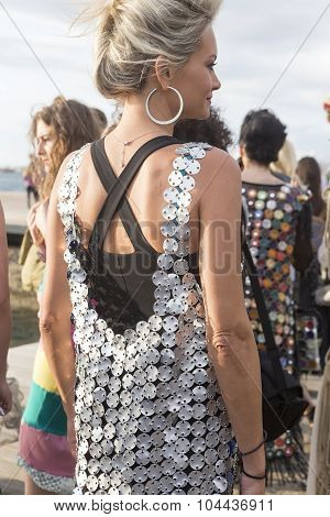 Models Walk An During  Outdoor Fashion Show With Clothing Made Out Of Recycled Materials Was Held In