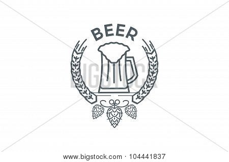 Mug of beer logo with hops and leaves. Line art.