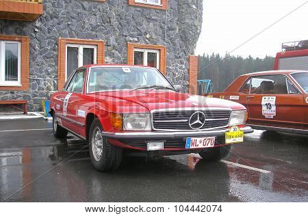 CHELYABINSK REGION, RUSSIA - JUNE 19: Mercedes R107 CLS280 (No. 30) on display at Motor race Hamburg-Shanghai on June 19, 2006 in Chelyabinsk region, Russia.