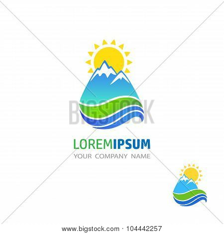 Vector Icon And Logo. Mountain, River, Landscape And Sun.