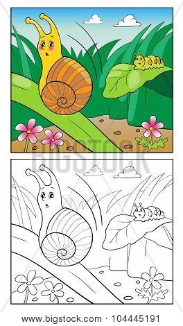 Coloring Page Cartoon Illustration Of Snail For Children.