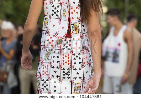 Models Walk An During  Outdoor Fashion Show With Clothing Made Out Of Recycled Materials Was Held In