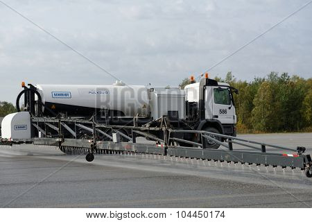 ST. PETERSBURG, RUSSIA - SEPTEMBER 24, 2015: Schmidt airport sprayer during the annual review of equipment in the Pulkovo airport. The review is held in order to prepare to winter