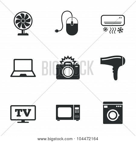 Home appliances, device icons. Electronics sign.