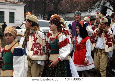 People In Traditional Costumes Celebrating The Winter Carnival