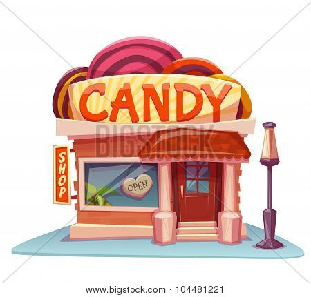 Candy shop building with bright banner. Vector illustration
