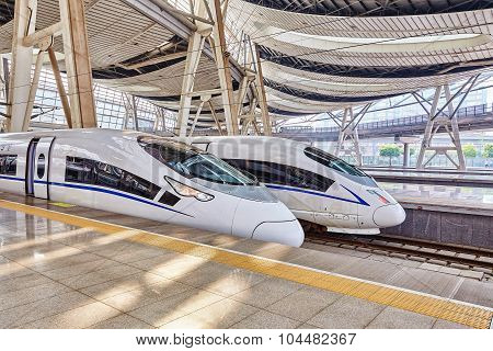 Beijing, China- May 23, 2015: High Speed Train At The Railways Station Of  Beijing. Speed Train Is