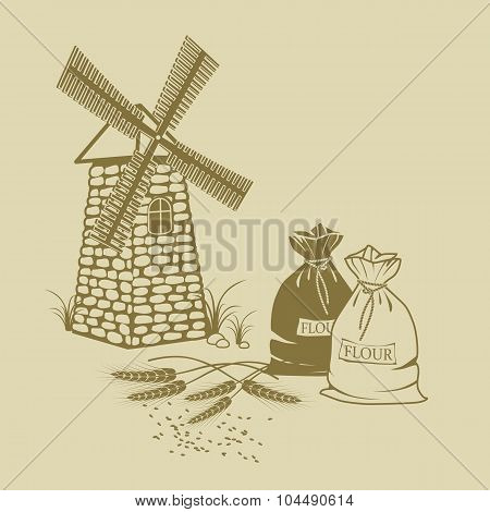 Vector Illustration Of Ears Of Wheat Sacks Of Flour And Windmill