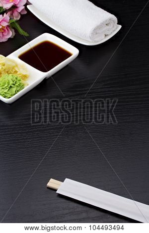 Sushi Plate (gete)  Chopsticks And Soy Sauce Over Wooden Background