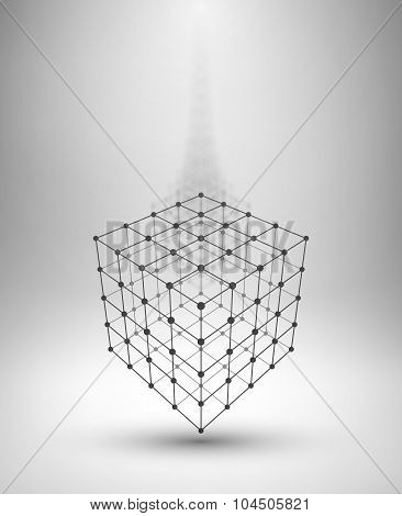 Wireframe Box. Cube with connected lines and dots.