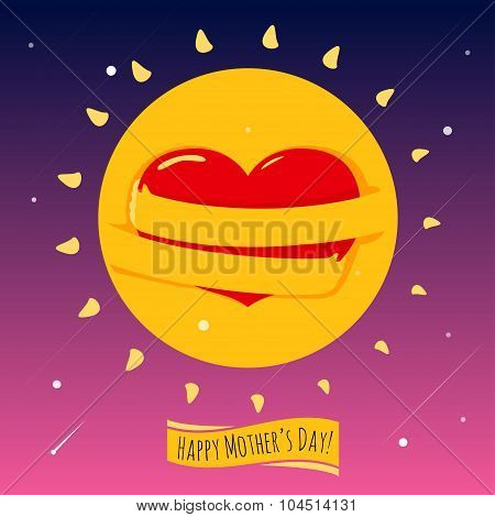 Romantic and love illustration of the sun with his hands, that hugs heart. Greeting Card for Happy M