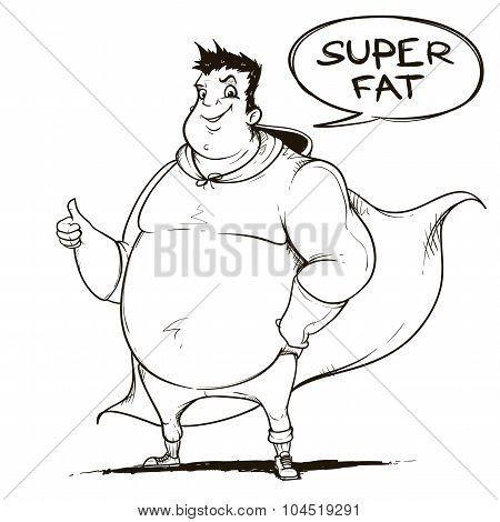 Fat man super hero. Black and white. Sketch style.