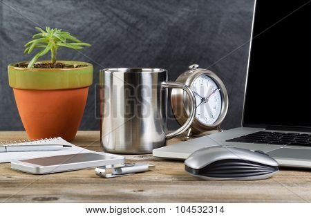 Old Wooden Working Desktop With Technology And Coffee