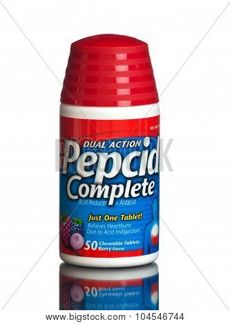 MIAMI, USA - February 9, 2015: Bottle of Pepcid Complete Acid Reducer + Antacid Berry Blend Chewable