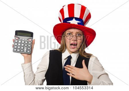 Woman with calculator isolated on white