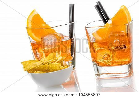 Hot Tacos Chips In Front Of Two Glasses Of Spritz Aperitif Aperol Cocktail With Orange Slices And Ic