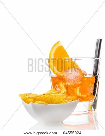 Hot Tacos Chips In Front Of Glass Of Spritz Aperitif Aperol Cocktail With Orange Slices And Ice Cube