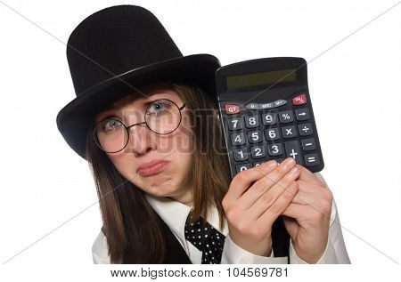 Funny woman with calculator isolated on white