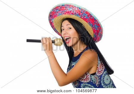 Young attractive woman wearing sombrero on white