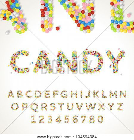 Vector font style made of thousands of decorative candy balls. Latin alphabet from A to Z with number.