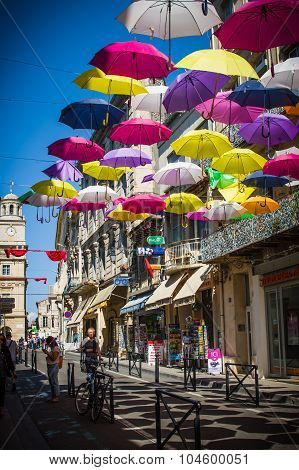 Street Decorated With Colored Umbrellas. Arles, Provence. France